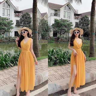 Đầm maxi đi biển xẻ tà cổ tim ChemMix vải voan chiffon 2 lớp cho nàng dạo phố, du lịch