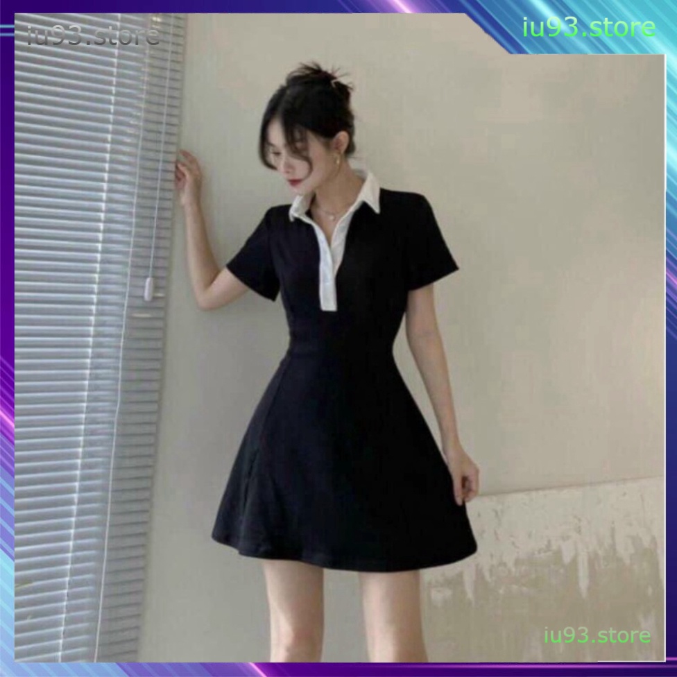 {SP mới - sẵn} -  Đầm Polo Nữ Đen Xòe Dáng Ôm 💎 Váy Polo Nữ Cổ Phối Trắng Chất Borip Dáng Chữ A Ngắn Body 💎 - iu93.sto | BigBuy360 - bigbuy360.vn