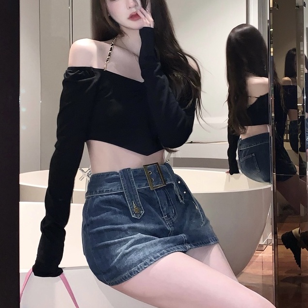 Áo Thun Croptop Tay Dài Hở Vai Màu Đen Thời Trang Mùa Xuân Quyến Rũ Cho Nữ