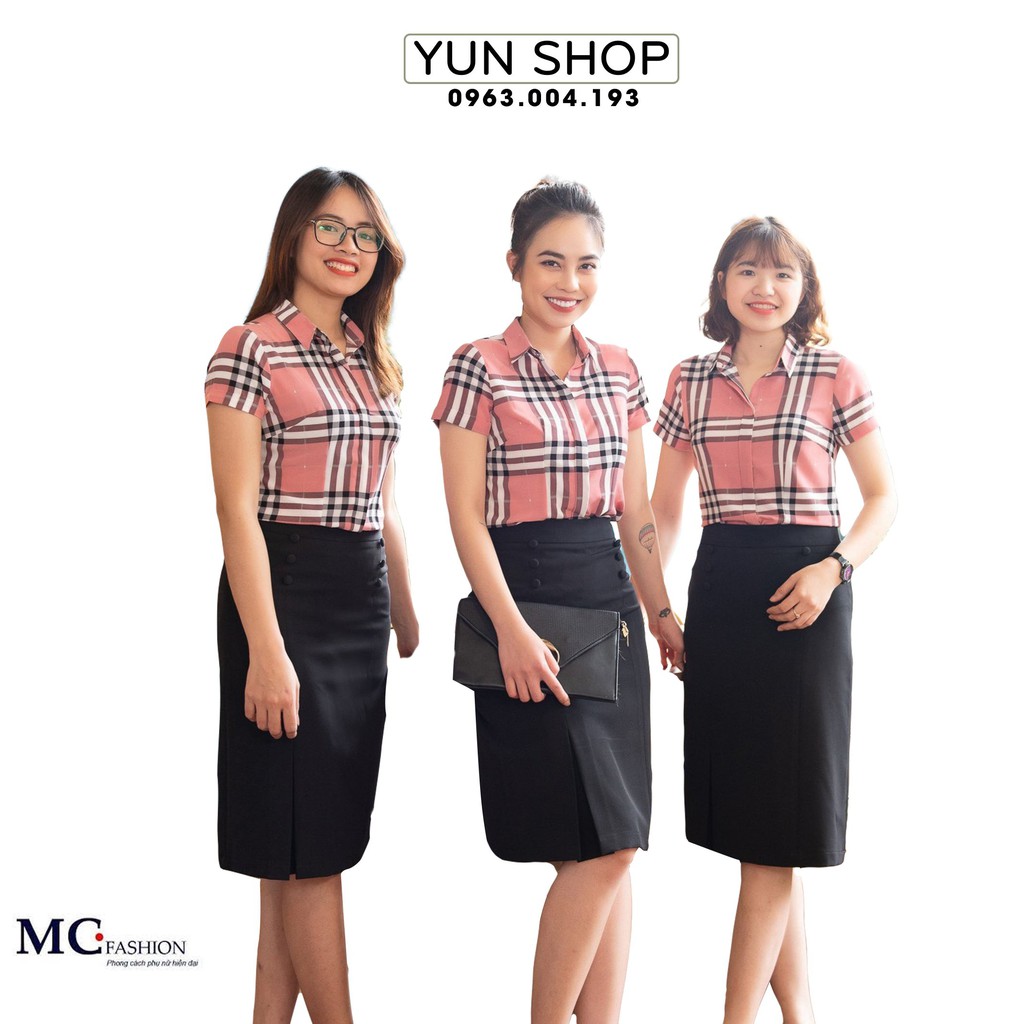 Áo Sơ Mi Nữ- Áo Sơ Mi Công Sở Thanh Lịch Kiểu Dáng Cộc Ngắn Tay  A665 Kẻ Bbr Màu Hồng