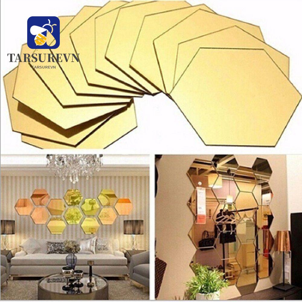 Set 6/12 miếng dán tường tráng gương hình lục giác 3D thời trang có thể tháo gỡ
