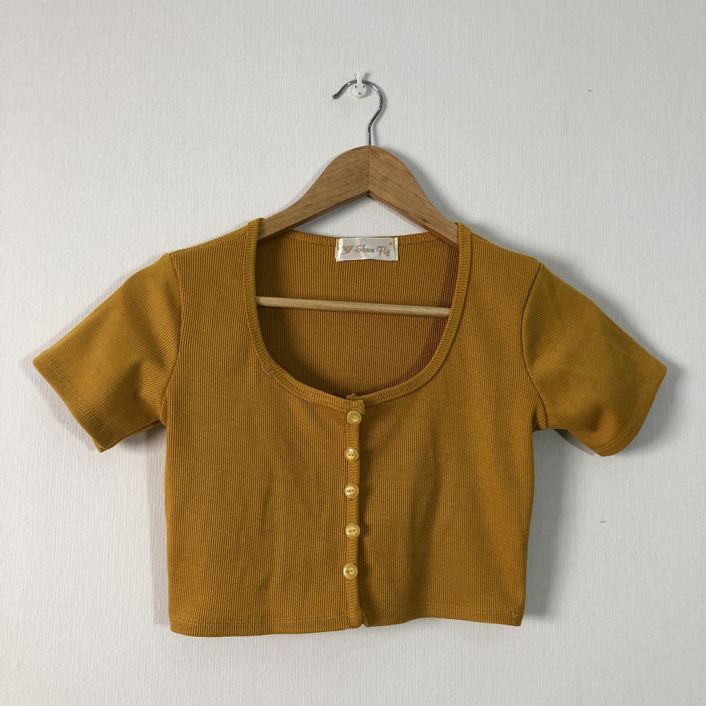 Áo croptop cổ vuông nút chất thun gân thanh lý 2hand