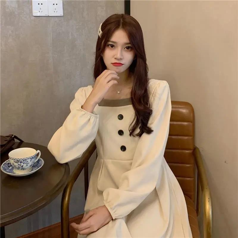 ⭐0412⭐ Korean style square neck long sleeve midi dress