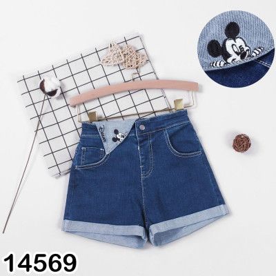 Quần short jean Bigbaby, chất jean mềm lưng thun sau thêu mickey cho bé gái 25-55kg
