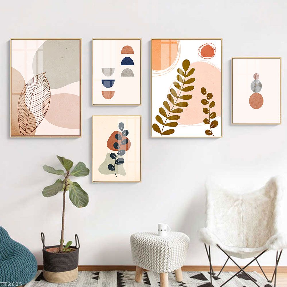 Combo 5 Tranh Treo Tường Cao Cấp Tối Giản Boho Minimalist Trừu Tượng Hình Học - Tone Cam Trắng Trang Trí Phòng Khách