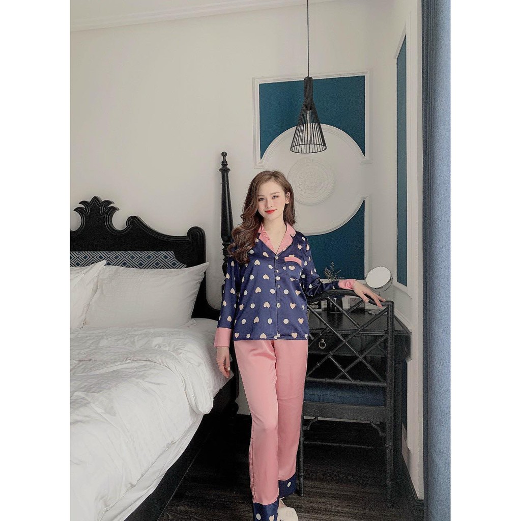 Đồ bộ pijama lụa satin tay dài quần dài chất mịn mát size&lt;60kg
