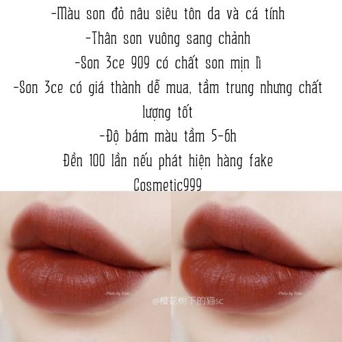 Son 3ce chính hãng, son 3ce 909 đỏ gạch trầm hàn quốc chính hãng lì mịn cosmetic999