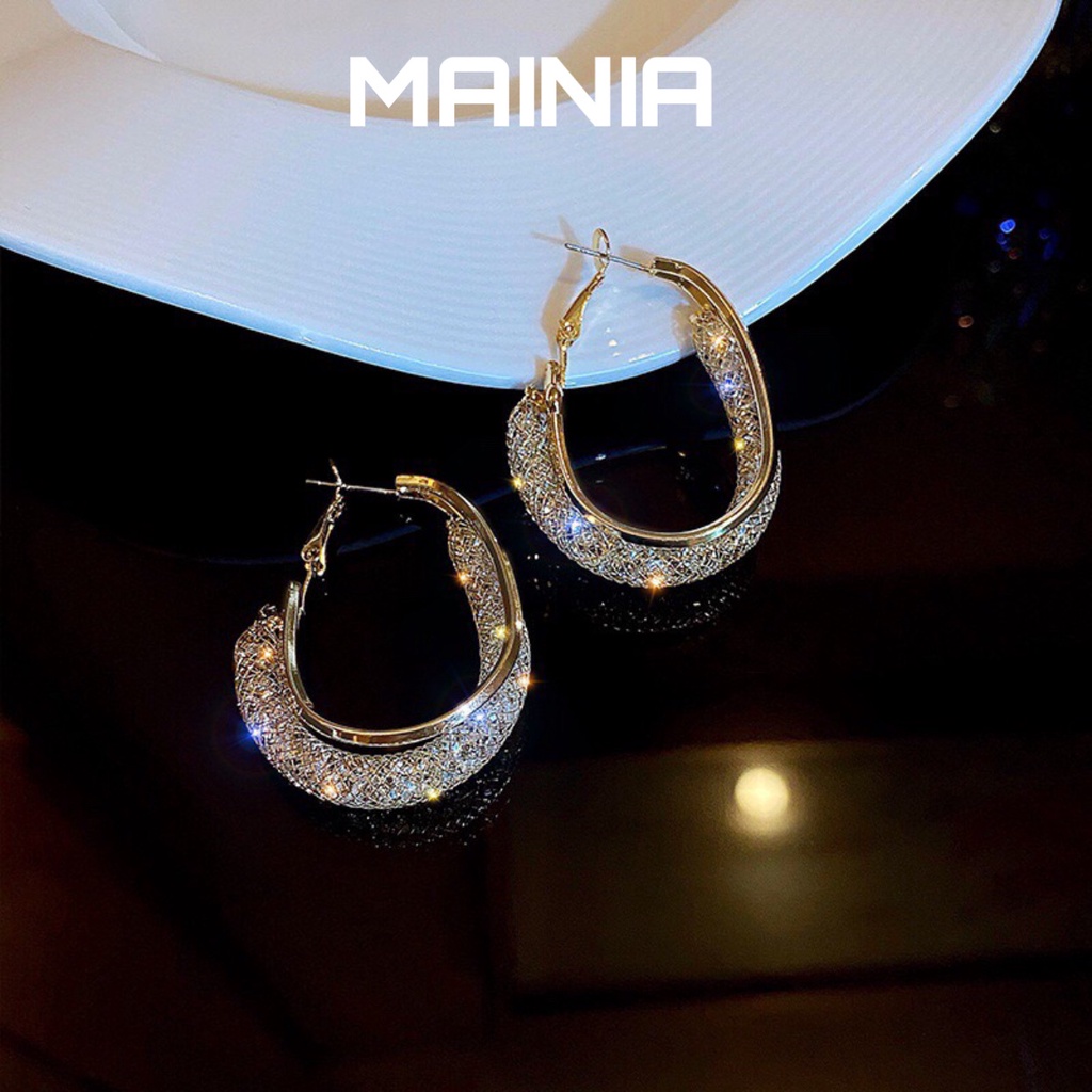 Bông Tai Mạ Bạc S925 Hình Tròn Phối Lưới Đơn Giản Sang Chảnh Thanh Lịch Dự Tiệc Mainia Shop