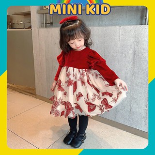 Váy Công Chúa Nhung Họa Tiết Thêu Bướm Diện Tết 2021 Cho Bé Gái 8-20kg