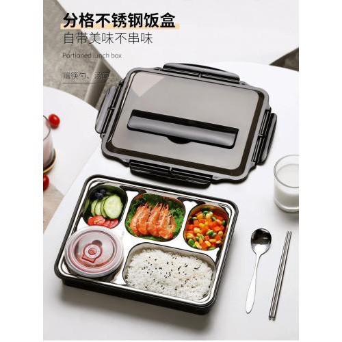 Hộp Cơm Văn Phòng Inox Bọc Nhựa 5 Ngăn Chịu Nhiệt Lò Vi Sóng Gọn Nhẹ Cao Cấp Kèm Bộ Thìa Đũa Inox