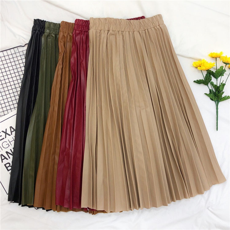 Chân váy xếp ly da PU cao cấp free size mẫu mới VAY32