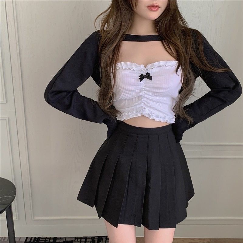 Sét áo ống gân bèo+ áo khoác croptop