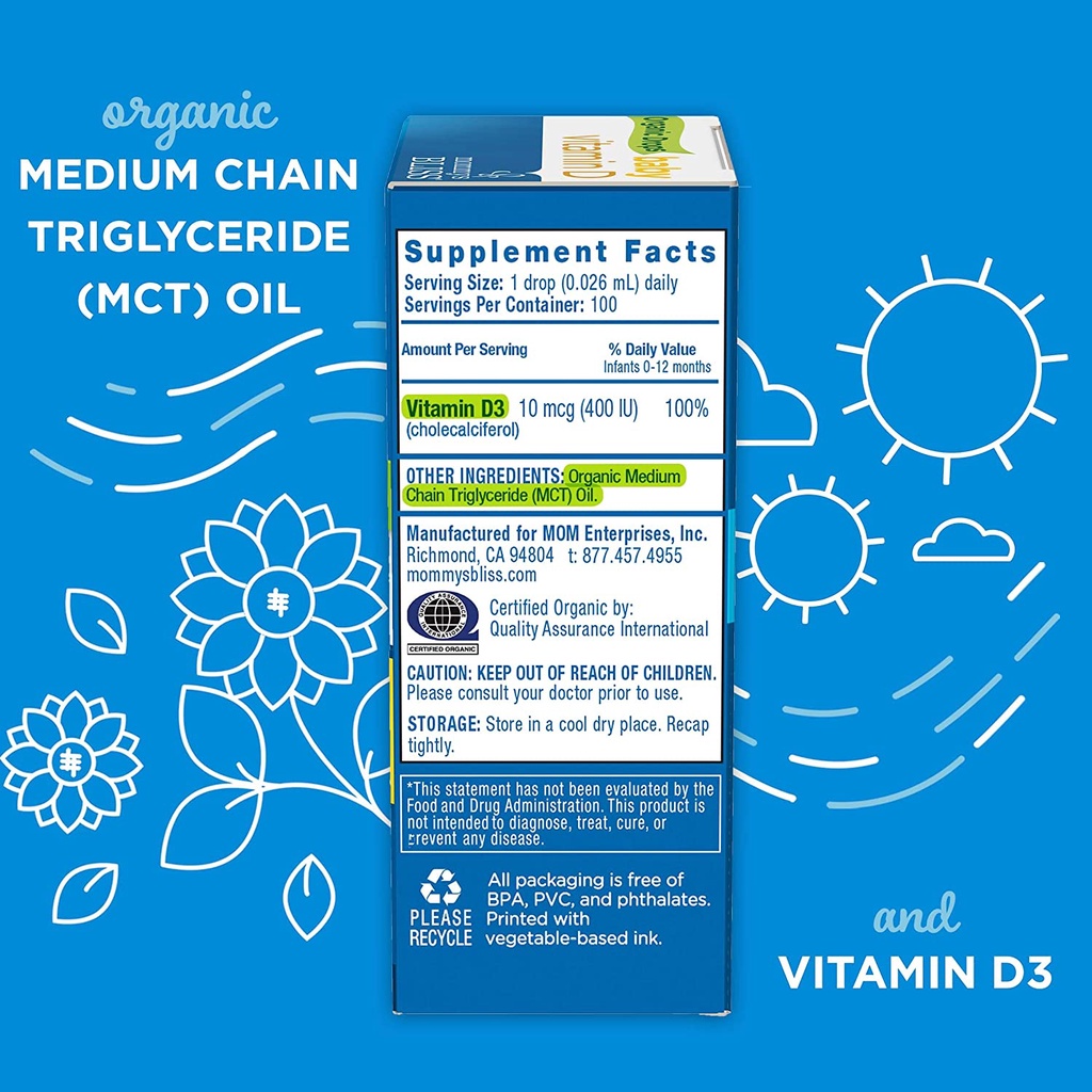 Mommy's Bliss - Vitamin D3 hữu cơ cho trẻ sơ sinh Mommys Bliss Organic D3 Drops không màu nhân tạo 3.24ml