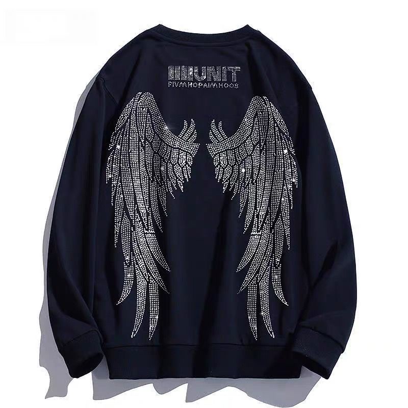 Áo Sweater Cổ Tròn Dáng Rộng Họa Tiết Đôi Cánh Đính Đá Thời Trang Đường Phố Cho Nam