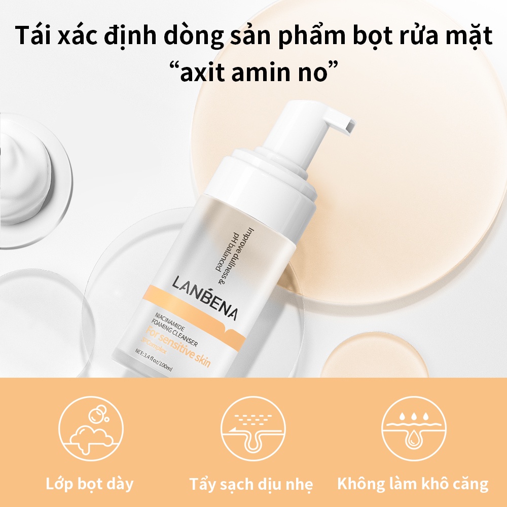 Bộ 3 sản phẩm Lanbena Niacinamide Sữa rửa mặt tạo bọt + Serum dưỡng ẩm + Kem chống nắng nâng tone sáng da