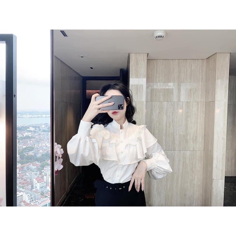 [Mã WASKT304 giảm 15% tối đa 30K đơn 99K] ANU147 - ÁO SƠ MI NỮ TRẮNG 2 BÈO CÚC NGỌC