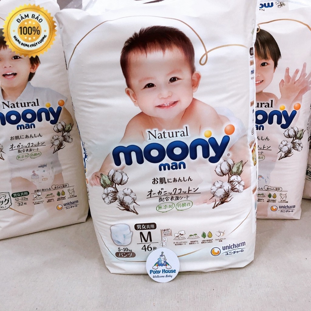 Tã/Bỉm Moony Natural Trắng nội địa Nhật Bông Organic Cho Bé dán/quần NB63/S58/M46/L38/L36/XL32