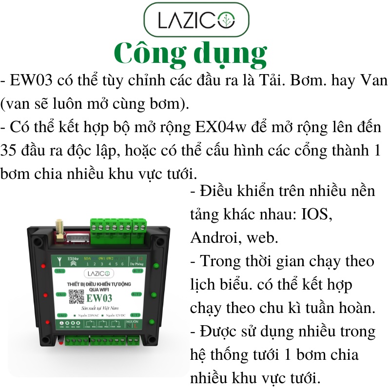 Bộ điều khiển từ xa qua điện thoại dùng wifi 3 kênh độc lập, có đầu dò cảnh báo sự cố LAZICO EW03