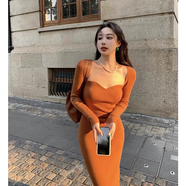 Váy body dài tay chất liệu len tăm dày dặn co dãn | BigBuy360 - bigbuy360.vn
