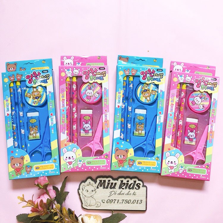 Bộ dụng cụ học tập 5 món bút chì,kéo cắt giấy,gôm tẩy,gọt bút chì_văn phòng phẩm dễ thương