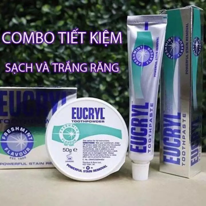 Combo Bột Tẩy Trắng Răng + Kem Đánh Răng Làm Trắng Răng Hương Bạc Hà EUCRYL Tooth Paste Freshmint