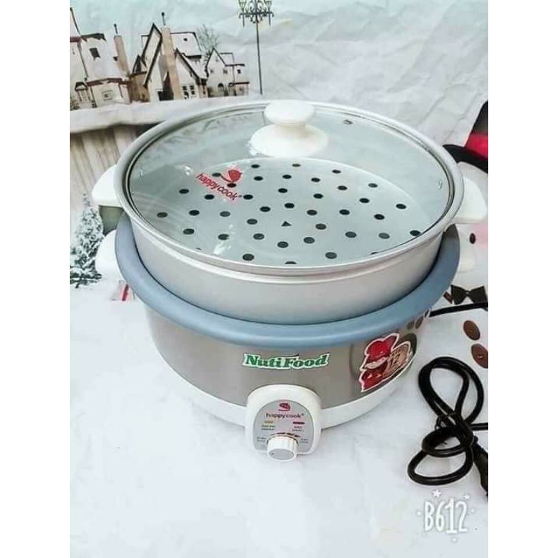 Lẩu điện đa năng nắp kính có xửng hấp Happy Cook 3.5L (Bạc)