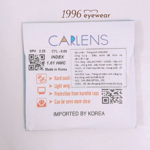 Tròng mắt kính chống phản quang,tia UV chiết suất 1.61 Carlens Hàn