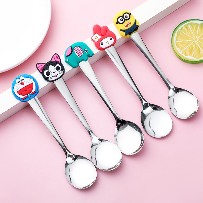 Muỗng / Nĩa / Thìa Bằng Thép Không Gỉ Tay Cầm Silicon Họa Tiết Hoạt Hình Dễ Thương Thời Trang Cho Trẻ Em