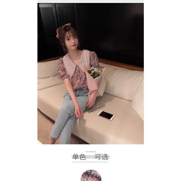 Áo Sơ Mi chiffon Tay Ngắn Phồng Cổ Búp Bê In Họa Tiết Hoa Thời Trang Mùa Hè Hàng Mới Dành Cho Nữ 2022