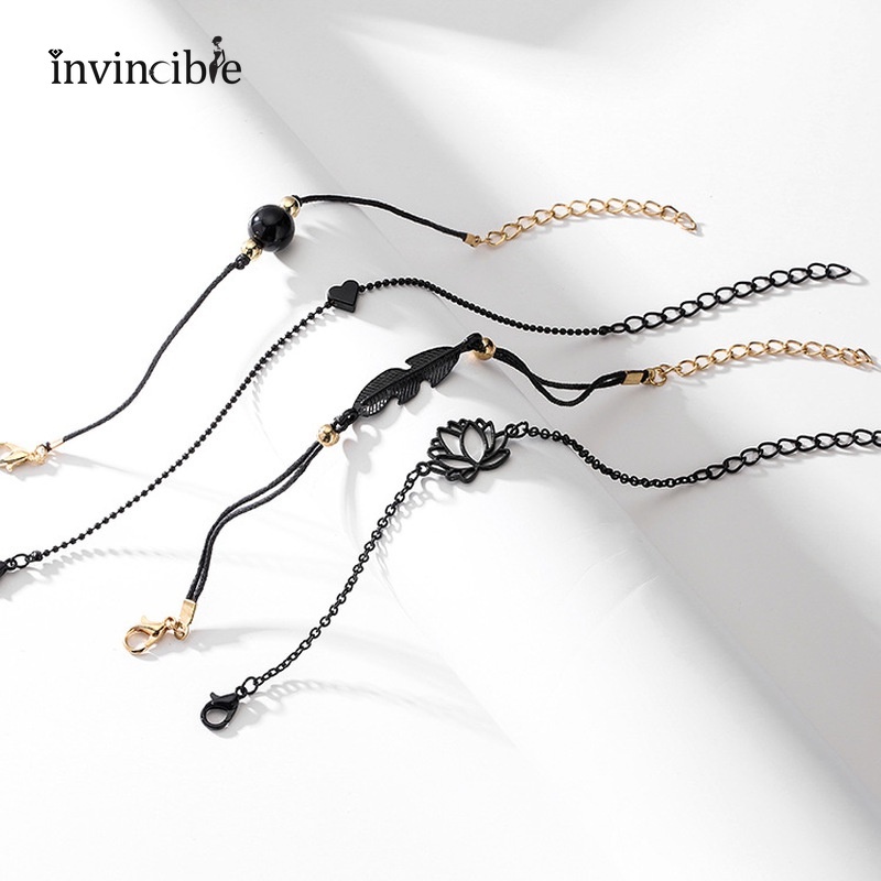 Set 4 vòng đeo tay chuỗi hạt màu đen phối hình lá hoa sen thời trang cho nữ
