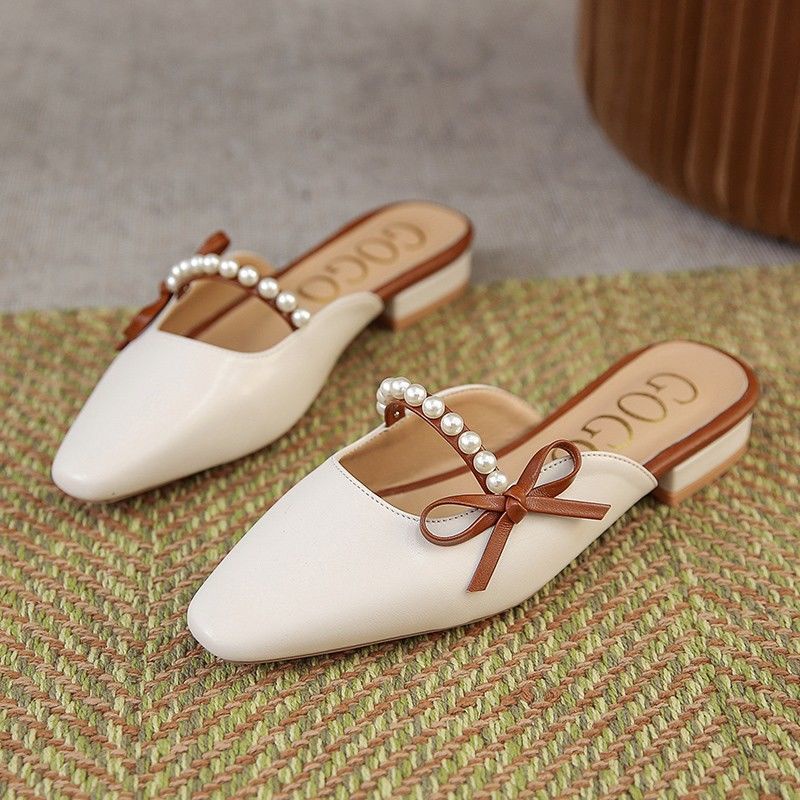 Pearl half slipper female summer outer wear middle heel bow fairy cool drag Baotou lazy Muller shoes half support women's shoes