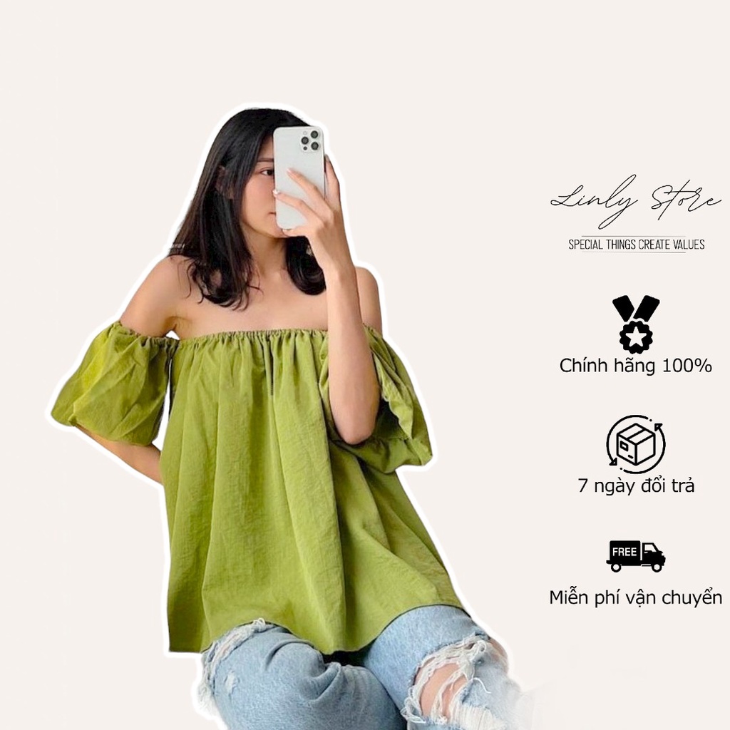 Áo trễ vai tay bồng nữ Linly Store chất đũi tay 2 lớp A-TV