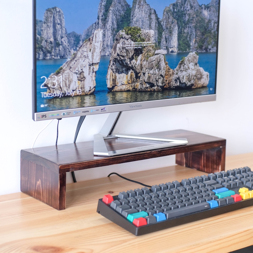 Kệ gỗ để màn hình máy tính FEGO màu nâu rustic dành cho bàn làm việc, văn phòng