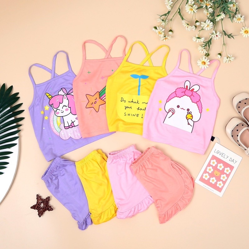 NT014 Bộ 2 dây quần phối viền bèo, áo hai dây thun lạnh Minky Mom cho bé gái mặc hè