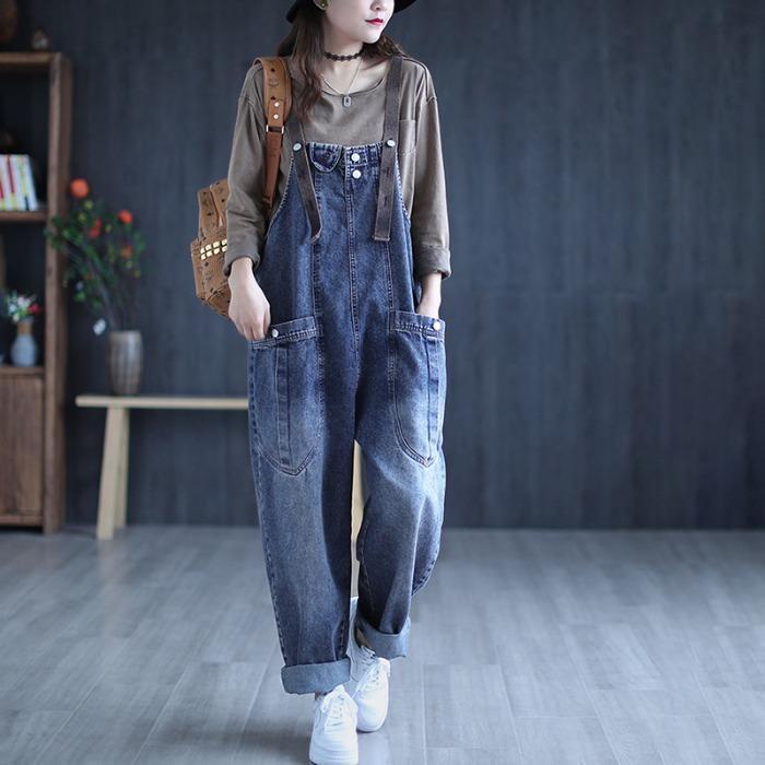 Quần Yếm Denim Ống Rộng Plus Size Phong Cách Retro Cho Nữ