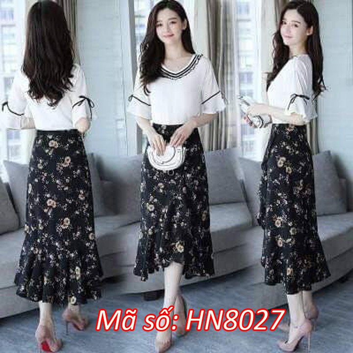 ⚡️ có đủ size ⚡️#HN8027 SET ÁO KIỂU TAY LOE CHẤN VÁY ĐUÔI CÁ HỌA TIẾT CÁCH ĐIỆU SANG TRỌNG - HÀNG NHẬP KHẨU