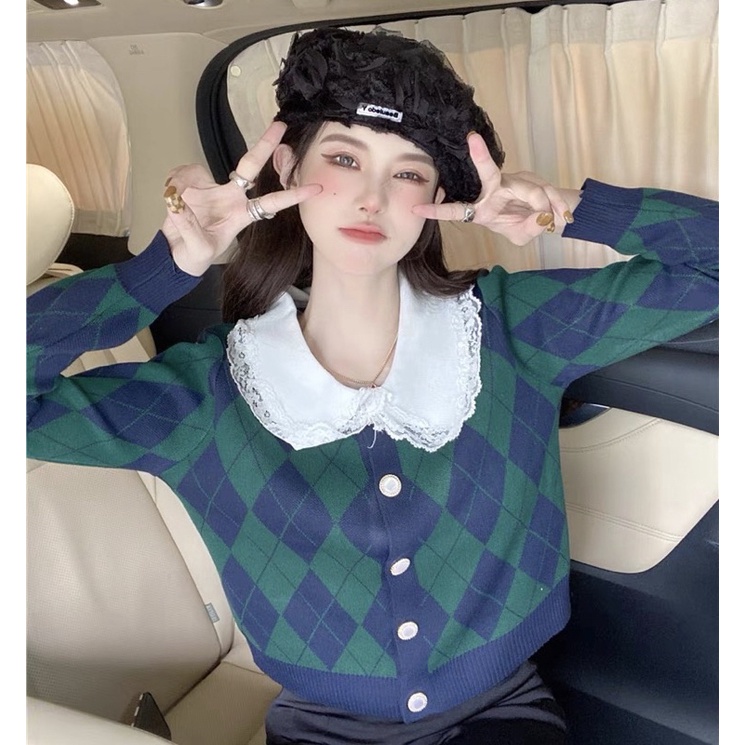 Áo cardigan len dệt kim tay dài cổ búp bê viền ren hoạ tiết quả trám ulzzang Hàn Quốc SAM SAM BOUTIQUE