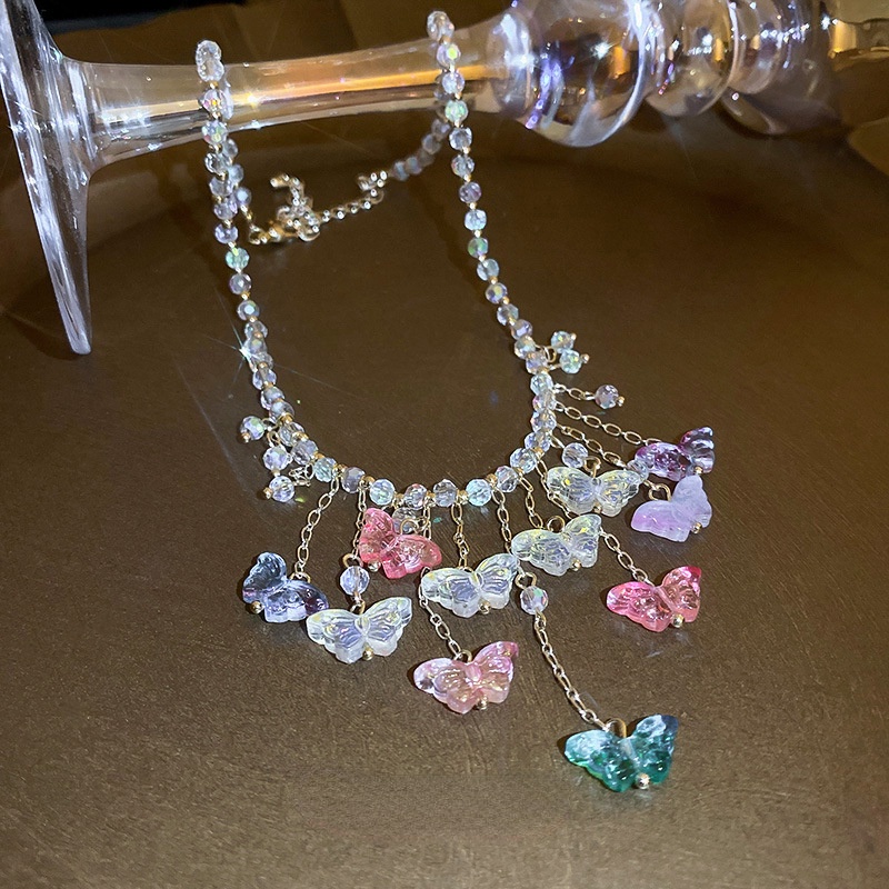 Vòng Cổ Chuỗi Hạt Pha Lê Hình Bướm Màu Sáng Thời Trang Cá Tính