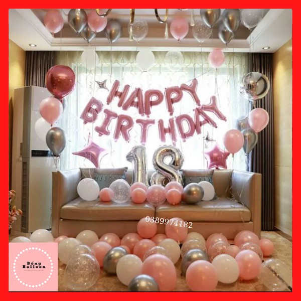 Trang trí sinh nhật người lớn ❤️TẶNG BÓNG SỐ❤️ Set bóng bay trang trí sinh nhật cho người yêu, bé gái tông hồng bạc s38