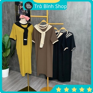 Váy thun trơn dáng dài kèm khăn len mỏng, đầm bầu suông cổ tròn form rộng VK159 Trabinhshop