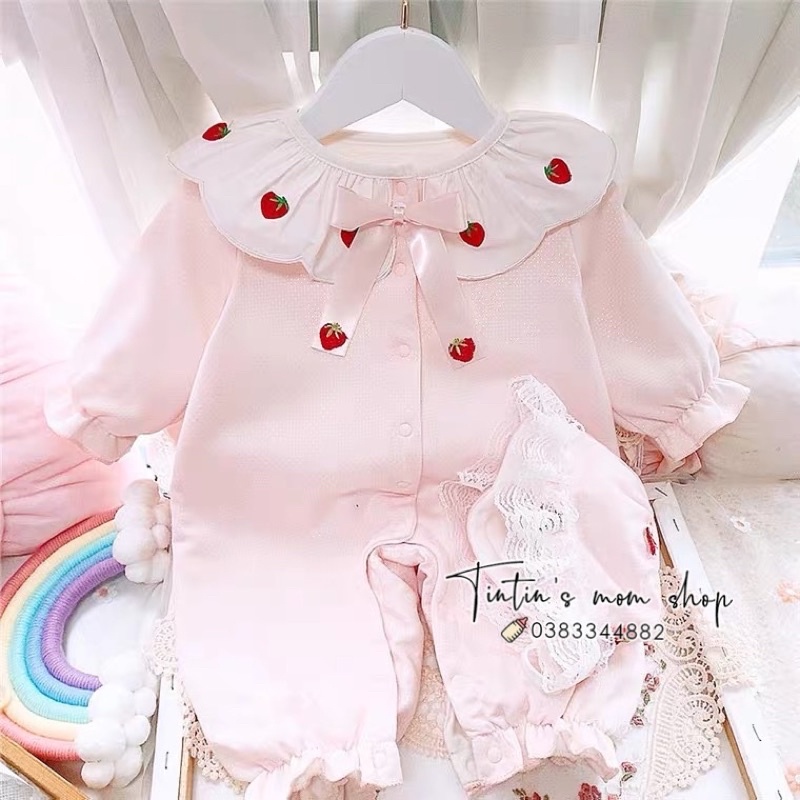 Sét body tiểu thư dâu tây kèm mũ bèo cho bé gái 5-12kg
