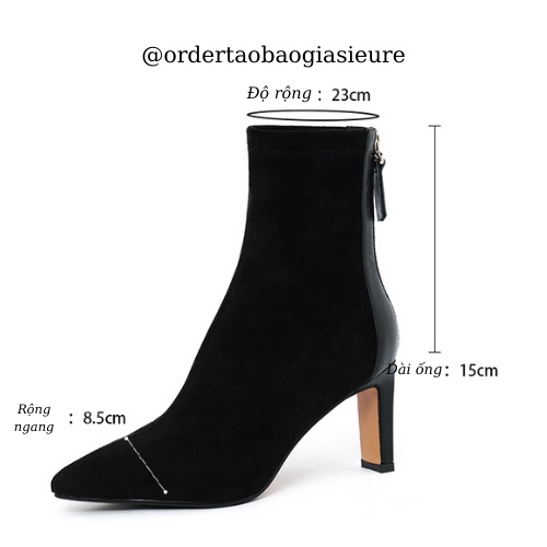 Giày boots cao gót da lộn khóa sau mũi nhọn công sở phong cách vintage Hàn Quốc