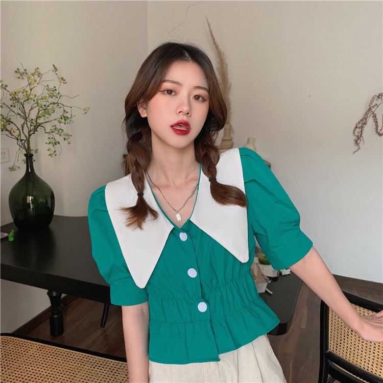 Áo Sơ Mi Tay Phồng Ngắn Phong Cách Hàn Quốc Màu Sắc Tương Phản Thời Trang Mùa Hè Cho Nữ