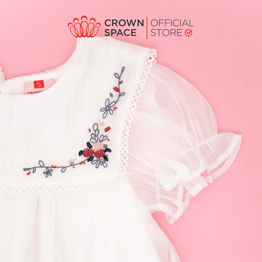 Váy Trắng Tay Ren Cho Bé Gái Chính Hãng Crown Kids Lót Cotton Thoáng Mát Size 4-10 CKGS2810905.W