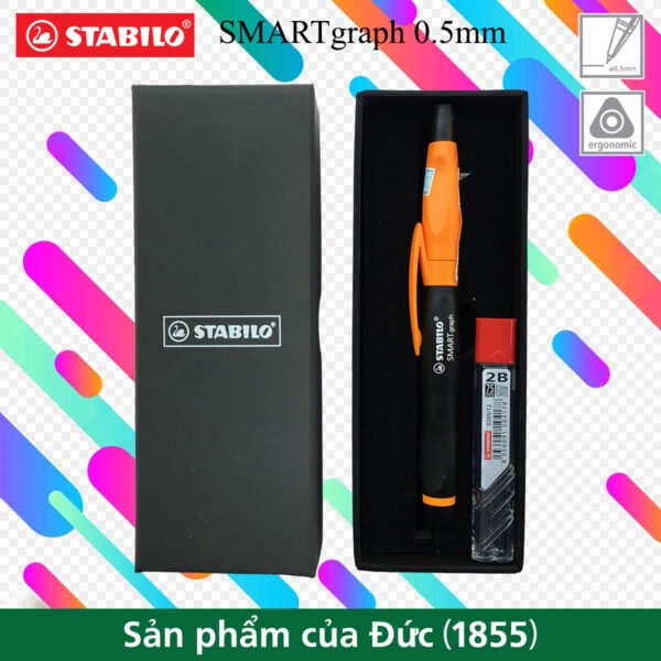 Combo 1 Bút chì bấm STABILO SMARTgraph MPE1842 0.5mm + Ruột chì PC3205R12 2B – Vỏ đen/ cam (Orange)