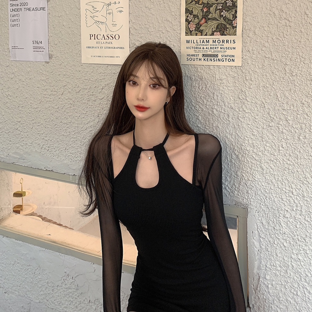 DUNEA Váy body Màu Đen Phối Lưới Quyến Rũ Cho Nữ