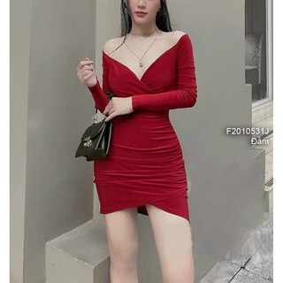 Đầm body thun nhún tà đắp chéo cổ tim trễ vai tay dài!