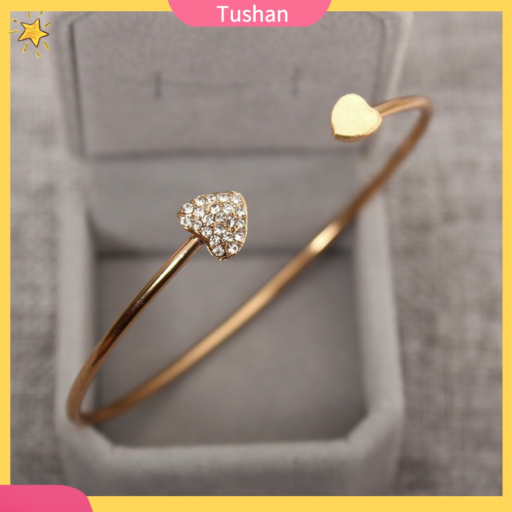 TUSH_Women Double Heart Rhinestone Inlaid Opening Cuff Bracelet Bangle Jewelry Gift