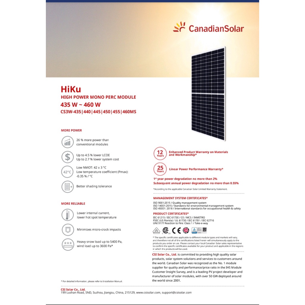 TẤM PIN NĂNG LƯỢNG MẶT TRỜI CANADIAN 450w