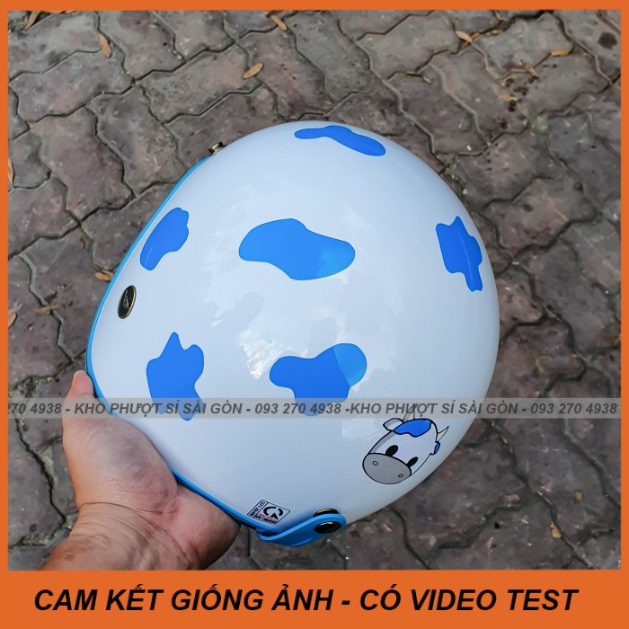 GIỐNG ẢNH - Mũ bảo hiểm 3/4 đi phượt decal bò sữa trắng lót xanh dương - Nón 3/4 bò sữa đốm xanh biên đi chơi